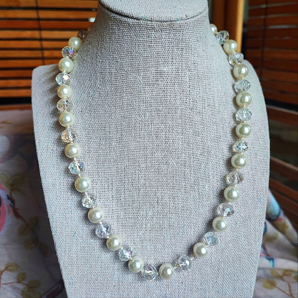 Faux Glass Pearls Faceted Aurora Borealis Crystal Vintage Necklace